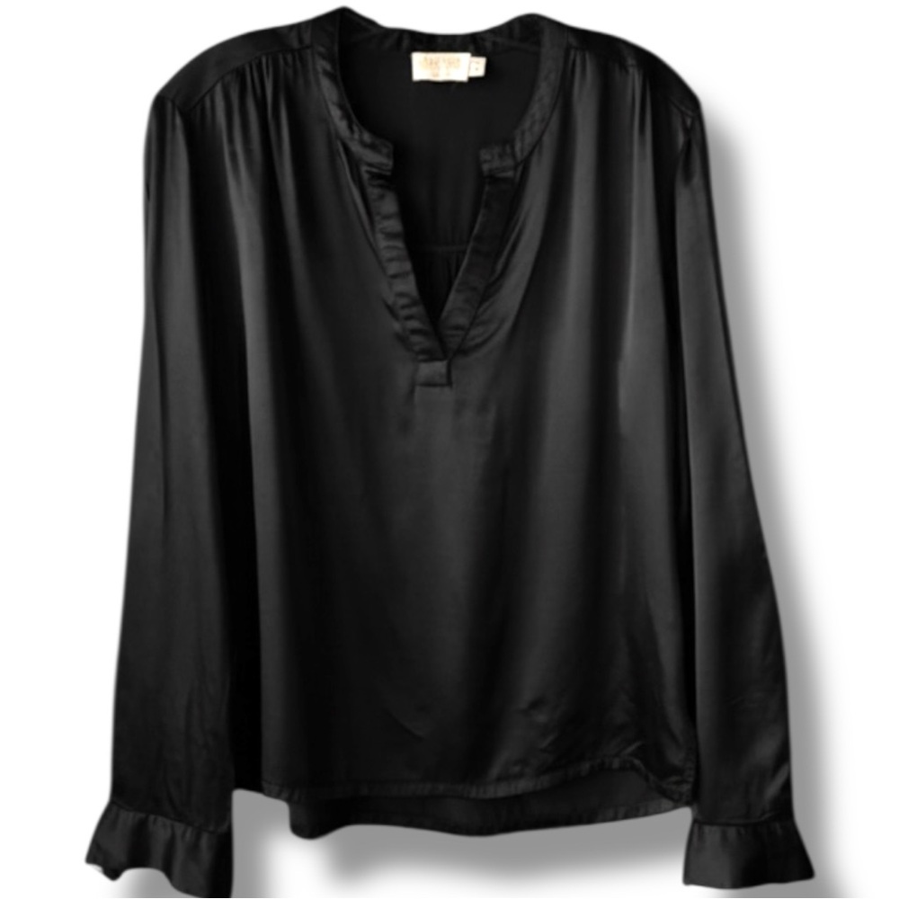 Nation LTD Ella Cutaway Satin Henley Black Blouse Size M Long Sleeve